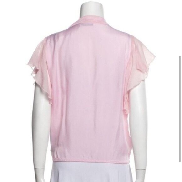 Sandro Ruffle Flutter Sleeve Blouse Top M Pink Cupro Lightweight Crewneck - Picture 2 of 11